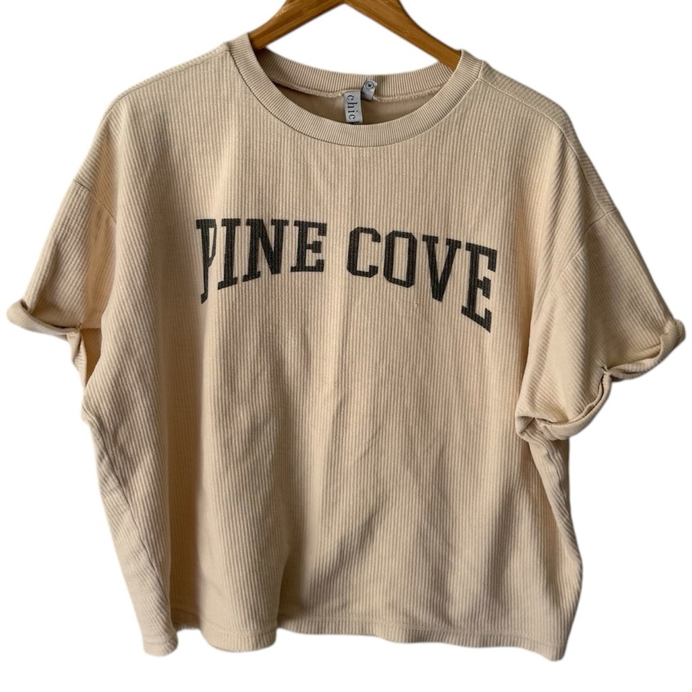 Pine Cove Camp Cream Off White Ribbed Short Sleeved Sweatshirt Size Medium